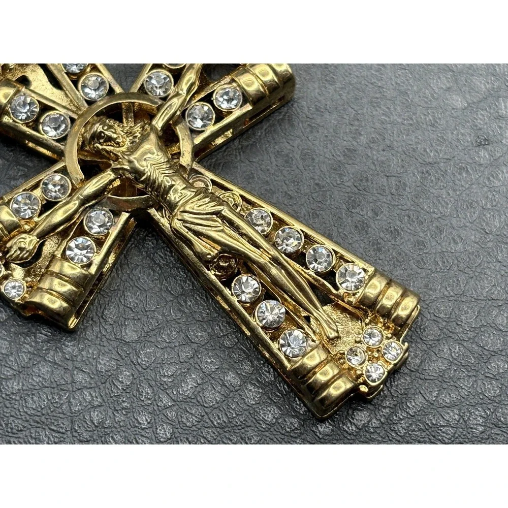 HUGE Gold Tone Crucifix Cross Pendant Jesus Clear Rhinestone Religious Jewelry